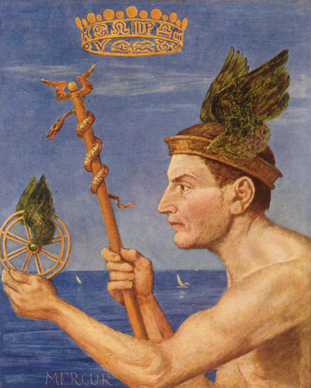 Mercury, kuvitus "Festkalenderista", julkaistu Leipzigissä n. 1910 tekijältä Hans Thoma