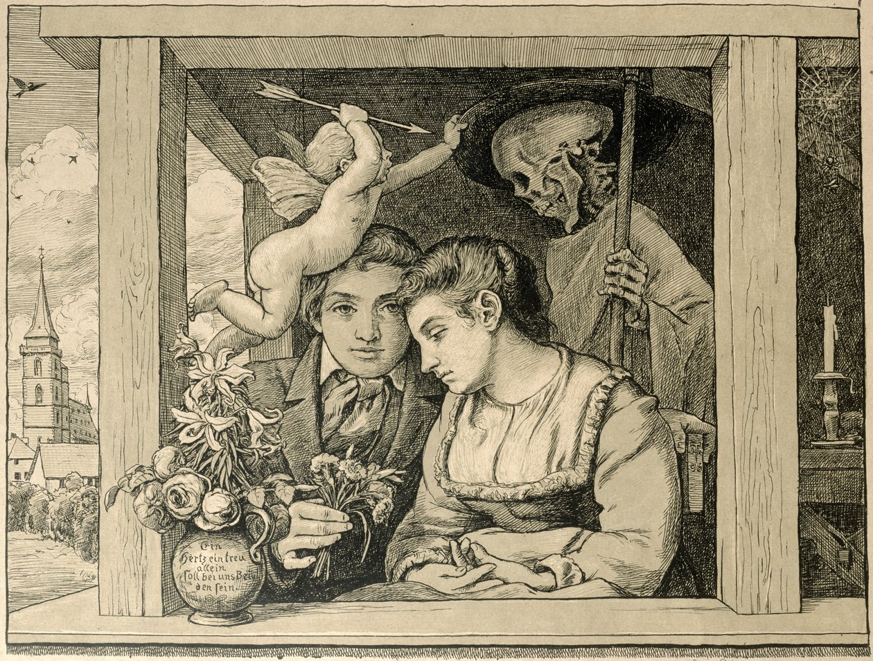 Reaper Death (Love and Death, The Newly-weds) 1896 (kaiverrus ruskealle paperille) tekijältä Hans Thoma
