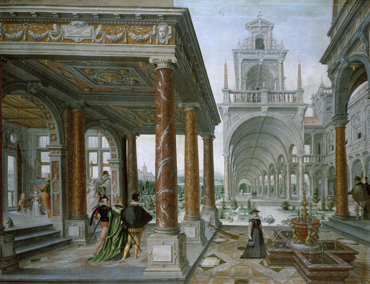 Palatsiarkkitehtuurin capriccio figuurien kävelyllä, 1596 tekijältä Hans or Jan Vredeman de Vries