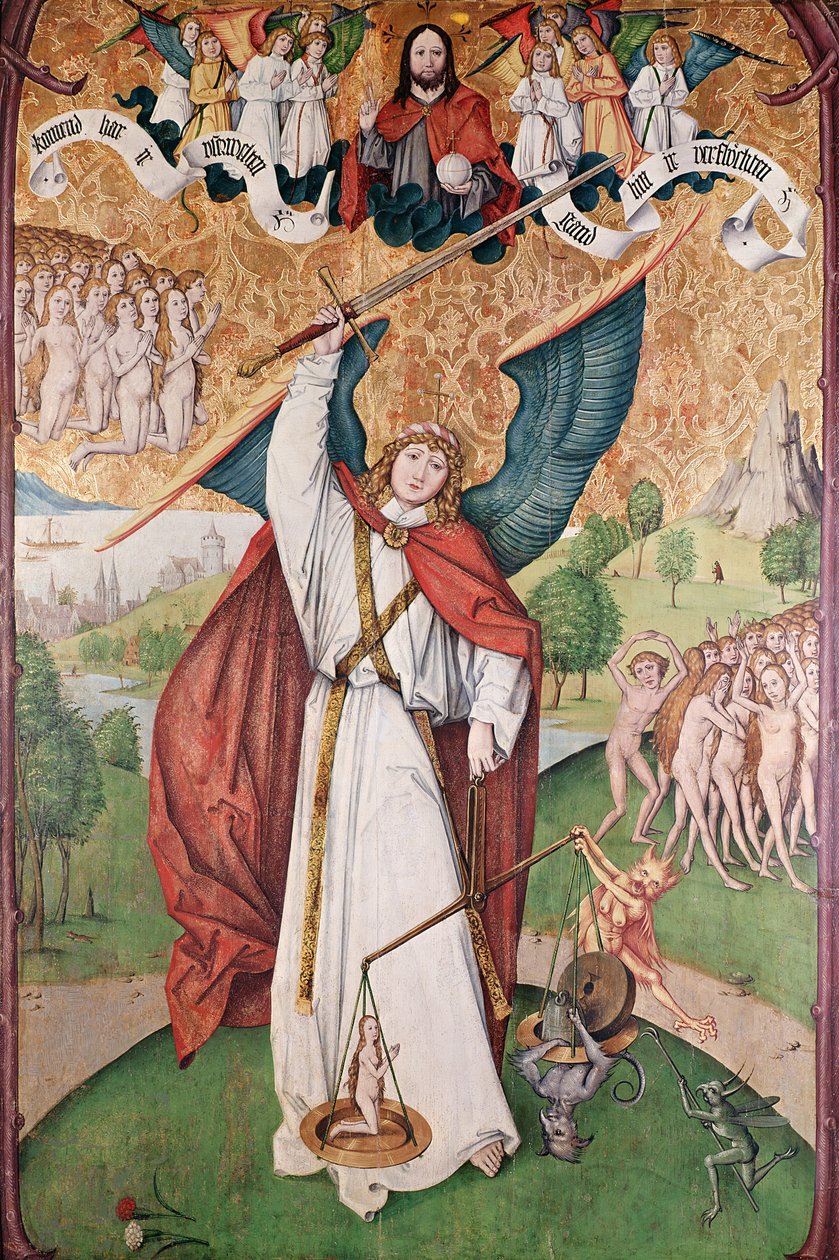 Pyhä Mikael punnitsemassa sieluja viimeisellä tuomiolla, n. 1500 (tempera paneelissa) tekijältä Hans Leu