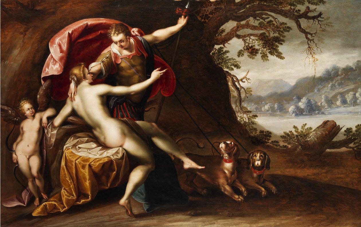 Venus ja Adonis koirilla tekijältä Hans von Aachen