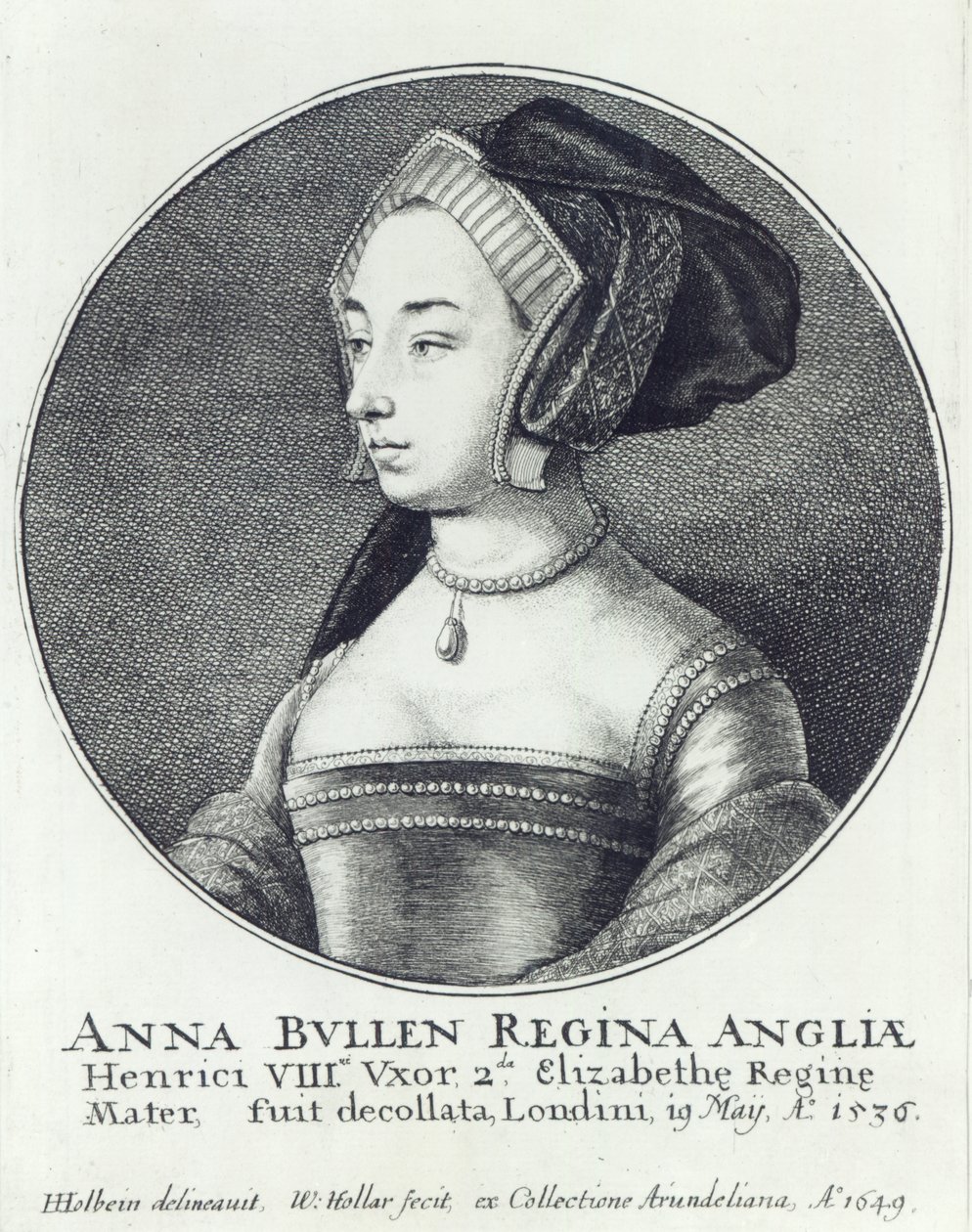 Anne Boleyn, kaivertanut Wenceslaus Hollar tekijältä Hans (after) Holbein the Younger