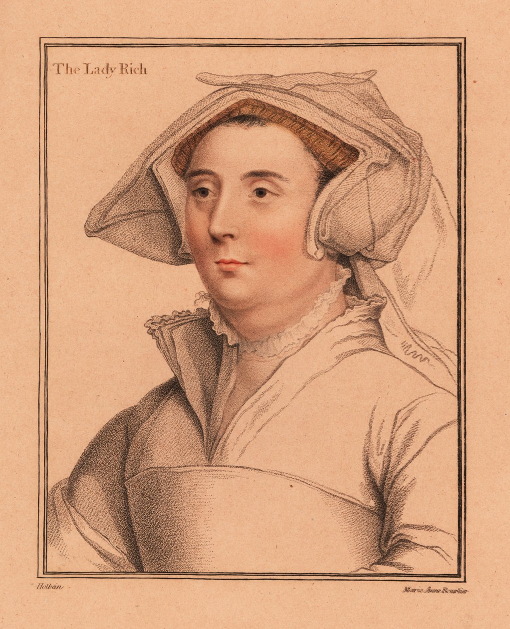 Elizabeth Jenkes, Lady Rich, Sir Richard Richin vaimo, 1812 (kaiverrus) tekijältä Hans (after) Holbein the Younger