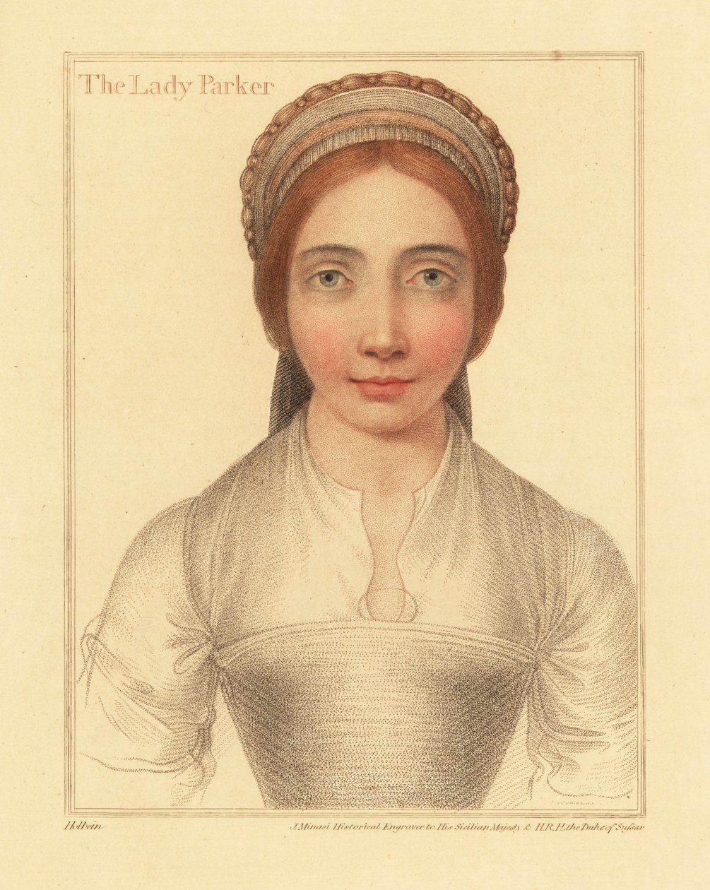 Lady Parker, Sir Henry Parkerin vaimo, 1812 (kaiverrus) tekijältä Hans (after) Holbein the Younger