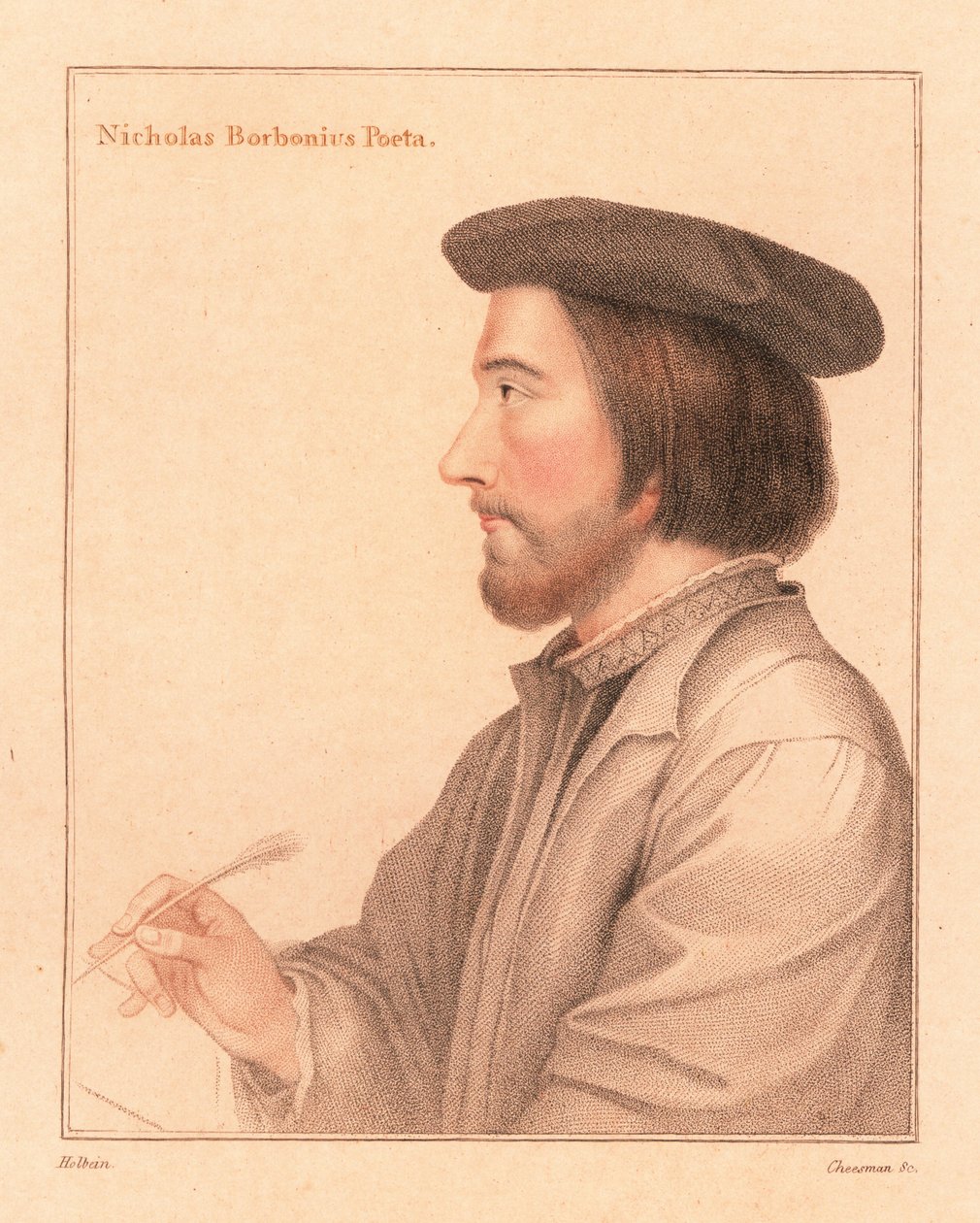 Nicholas Borbonius, latinalainen runoilija ja opettaja, 1812 (kaiverrus) tekijältä Hans (after) Holbein the Younger
