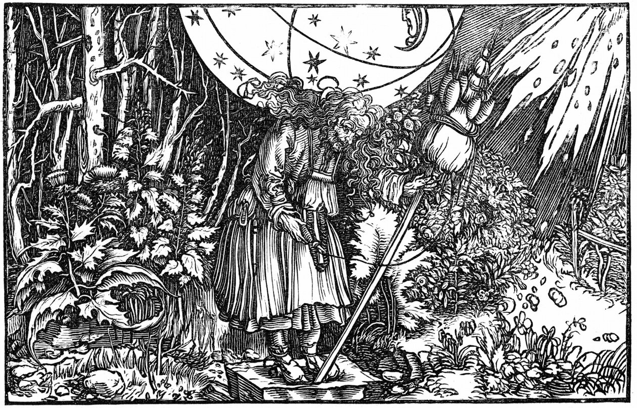 Vanha nainen (noita tai keiju) kehräämässä. tekijältä Hans (after) Holbein the Younger