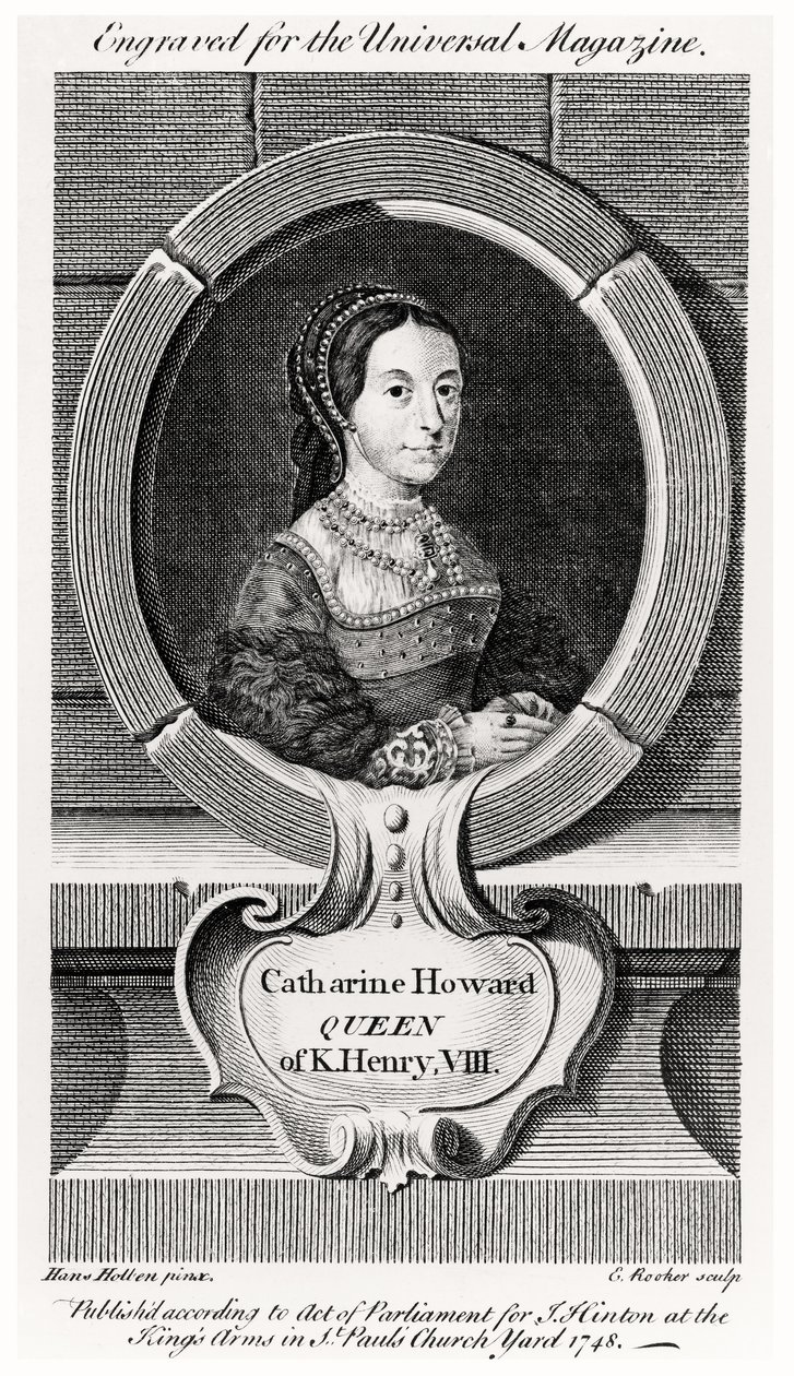 Muotokuva Catherine Howardista (1520-42), kaiverrettu Edward Rookerin (n.1712-74) toimesta 1748 (kaiverrus) tekijältä Hans (after) Holbein the Younger