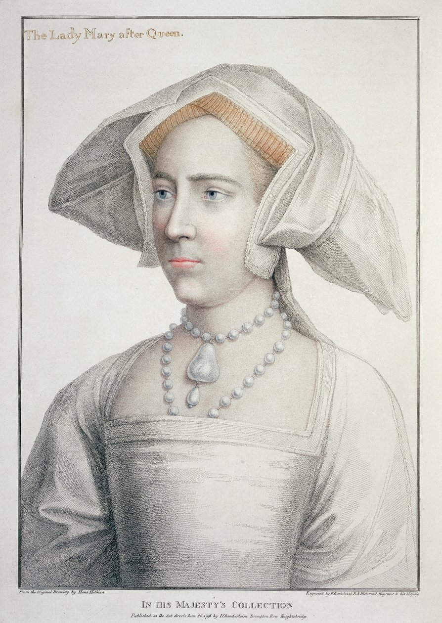 Francesco Bartolozzin (1727-1815) kaivertama Lady Maryn muotokuva kuningattaren jälkeen (1516-58) 1796 (kaiverrus) tekijältä Hans (after) Holbein the Younger