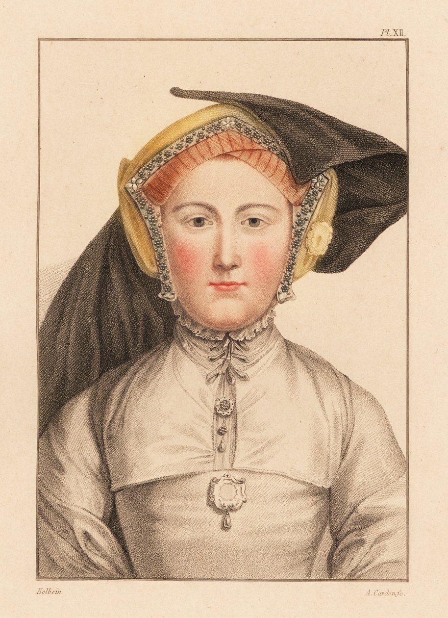 Tuntemattoman naisen muotokuva kuningas Henrik VIII:n hovista, 1812 (kaiverrus) tekijältä Hans (after) Holbein the Younger