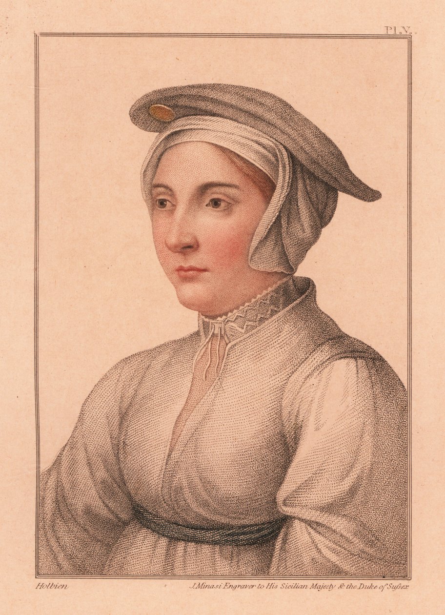 Tuntemattoman naisen muotokuva kuningas Henrik VIII:n hovista, 1812 (kaiverrus) tekijältä Hans (after) Holbein the Younger