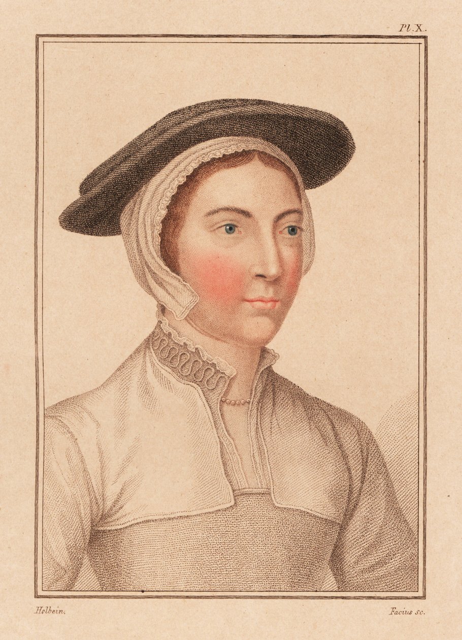Tuntemattoman naisen muotokuva kuningas Henrik VIII:n hovista, 1812 (kaiverrus) tekijältä Hans (after) Holbein the Younger