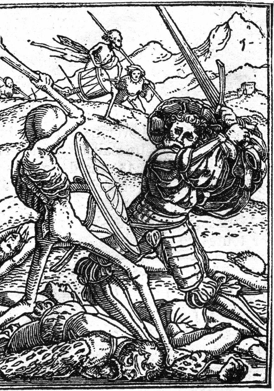 Hans Holbein Nuoren (1497-1543): sotilaan tekokuolema. Sotilas taistelee kuolemaa vastaan; heidän jalkojensa juuressa lepäävät muiden sotureiden ruumiit. Kaiverrus. tekijältä Hans (after) Holbein the Younger