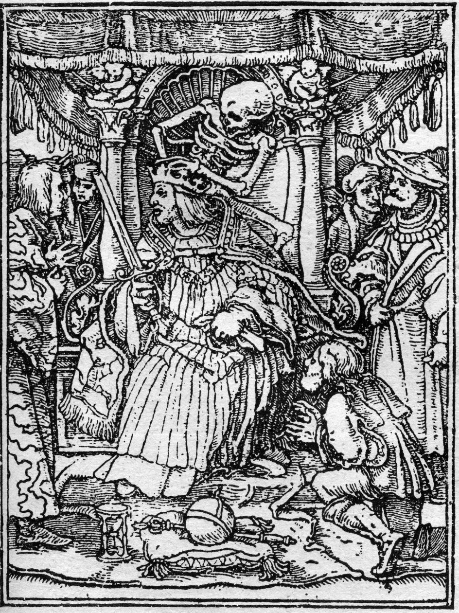 Simulakonit Hans Holbein Nuoren (1497-1543): keisarin kuolemasta. Kun Kuolema ottaa pois keisarin kruunun, talonpoika anoo häneltä oikeutta. Kaiverrus. tekijältä Hans (after) Holbein the Younger