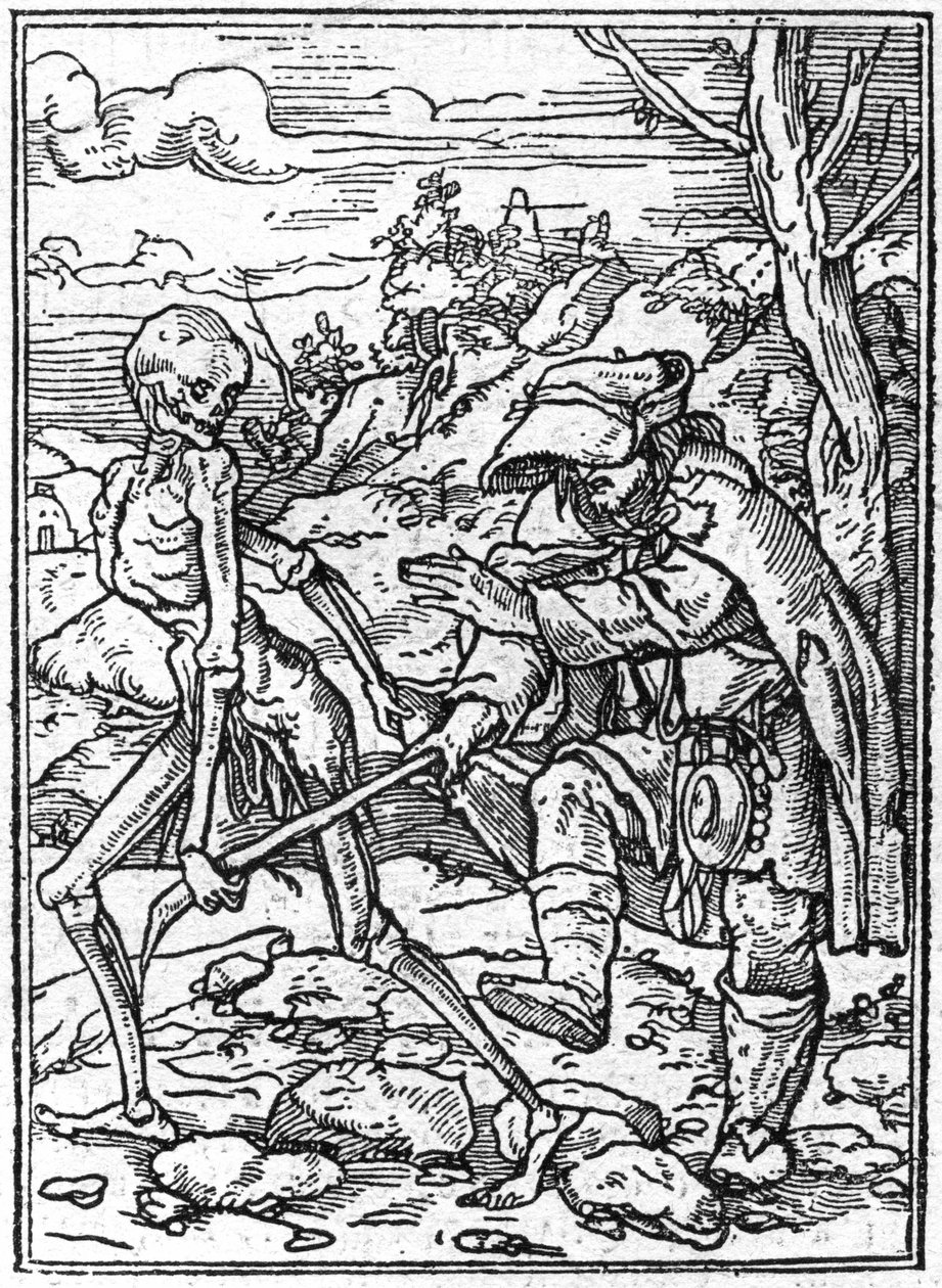 Hans Holbein nuoremman (1497-1543): sokeiden kuoleman simulakonit. Kuolema tarttuu sokean keppiin ja toimii oppaana. Kaiverrus. tekijältä Hans (after) Holbein the Younger