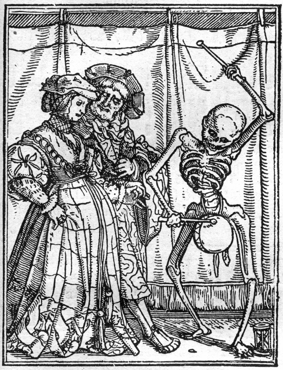 Hans Holbein nuoremman (1497-1543) kuoleman simulakonit: aviomiehet. Kuolema soittaa rumpua pariskunnan edessä. Kaiverrus. tekijältä Hans (after) Holbein the Younger