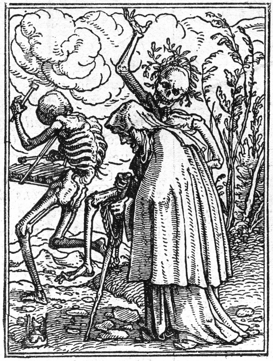 Hans Holbein nuoremman (1497-1543) kuoleman simulakonit: vanha. Kuolema seuraa vanhan naisen kohtaloaan. Kaiverrus. tekijältä Hans (after) Holbein the Younger
