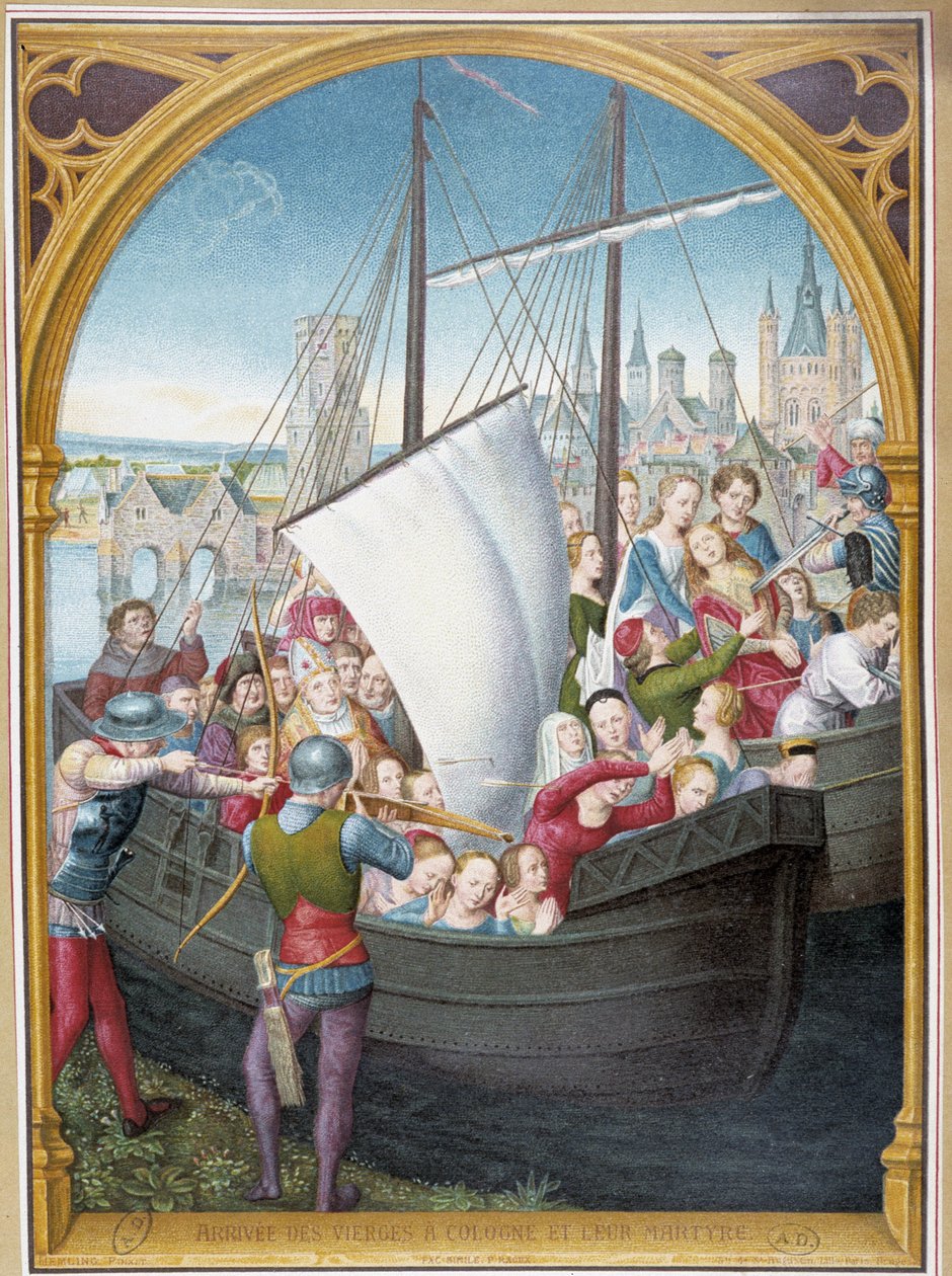 Neitsyiden maihinnousu Kölniin ja heidän marttyyrikuolemansa, ap. Pyhän Ursulan shakki Bruggessa, Memling tekijältä Hans (after) Memling
