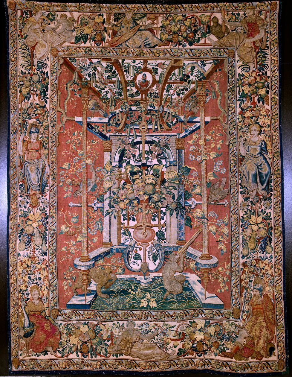 Flanderin kuvakudos. Sarjan groteskeja apinoiden kanssa: Apinat ampuvat arkebussilla. Sarjakuvapiirtäjä Hans Vredeman de Vries (?). Atelier Seger Bombeck, Bryssel. 1542-1560. tekijältä Hans (after) Vredeman de Vries