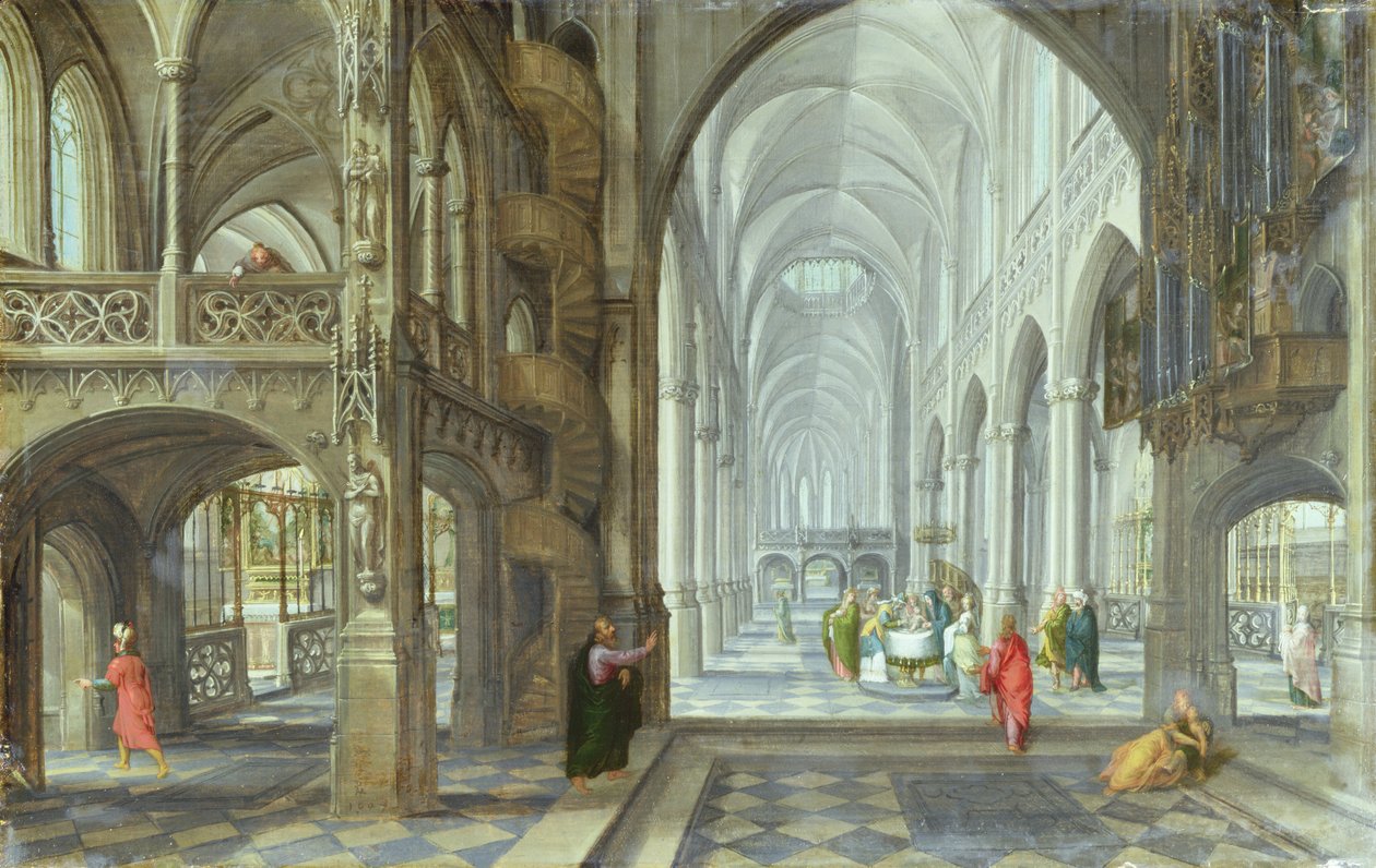 Goottilaisen kirkon sisustus, jossa Kristuksen ympärileikkaus tapahtuu pääkäytävällä, n. 1600 (öljy kankaalle) tekijältä Hans (after) Vredeman de Vries