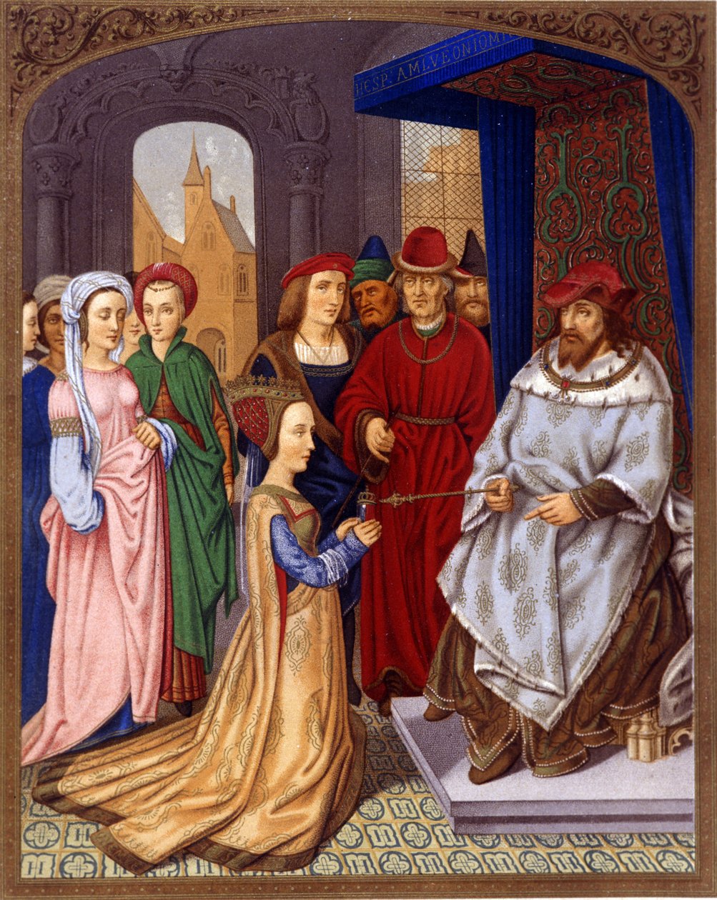Saban kuningatar ennen Salomoa - Pienoiskuva kardinaali Grimanin breviaarista, joka johtuu Memlingistä, Biblioteca Marciana, Venetsia.. 1400-luku. tekijältä Hans (attr.to) Memling