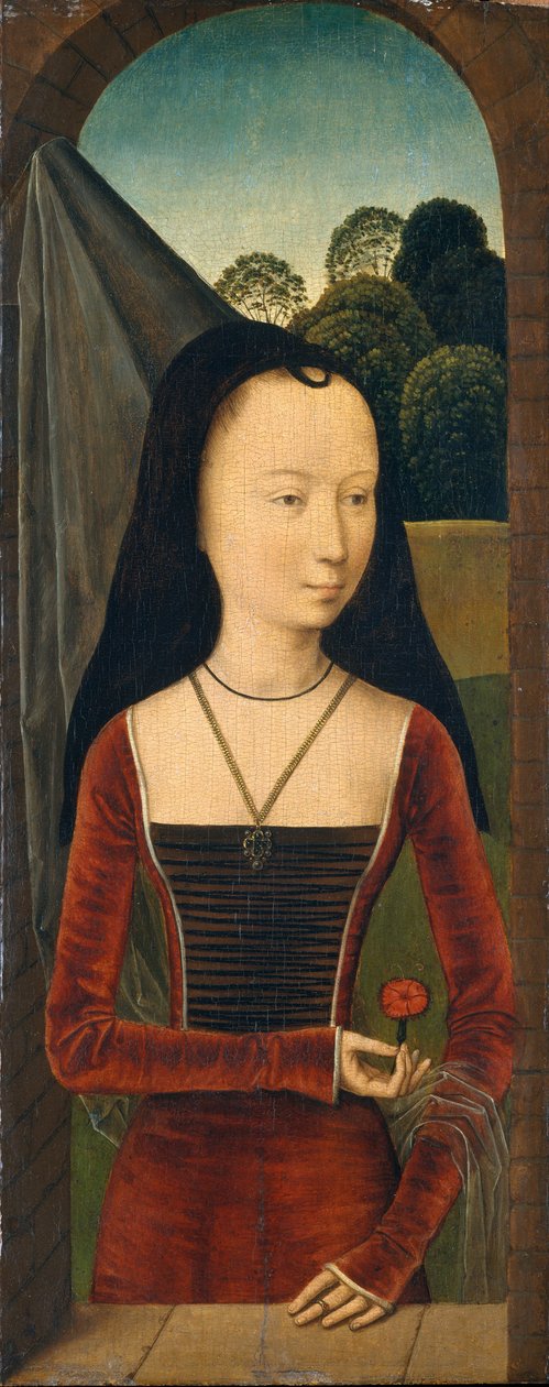 Nuori nainen vaaleanpunaisella, n. 1485-1490 (öljy puulle) tekijältä Hans (attr.to) Memling