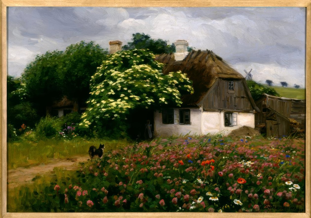 H.A.Brendekilde, Blumenwiese am Hof tekijältä Hans Andersen Brendekilde