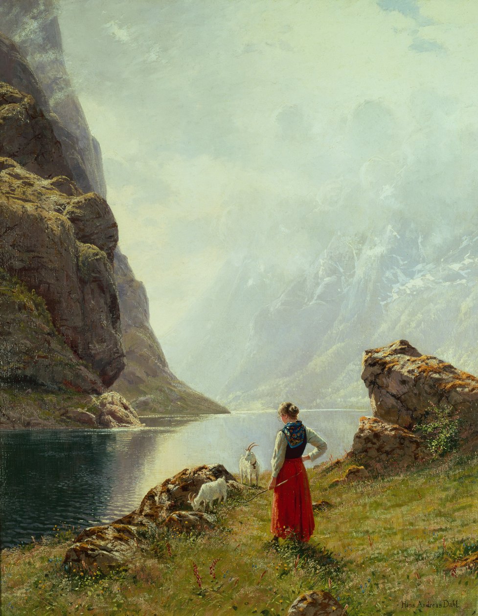 Tyttö vuohien kanssa vuonon rannalla (öljy kankaalle) tekijältä Hans Andreas Dahl