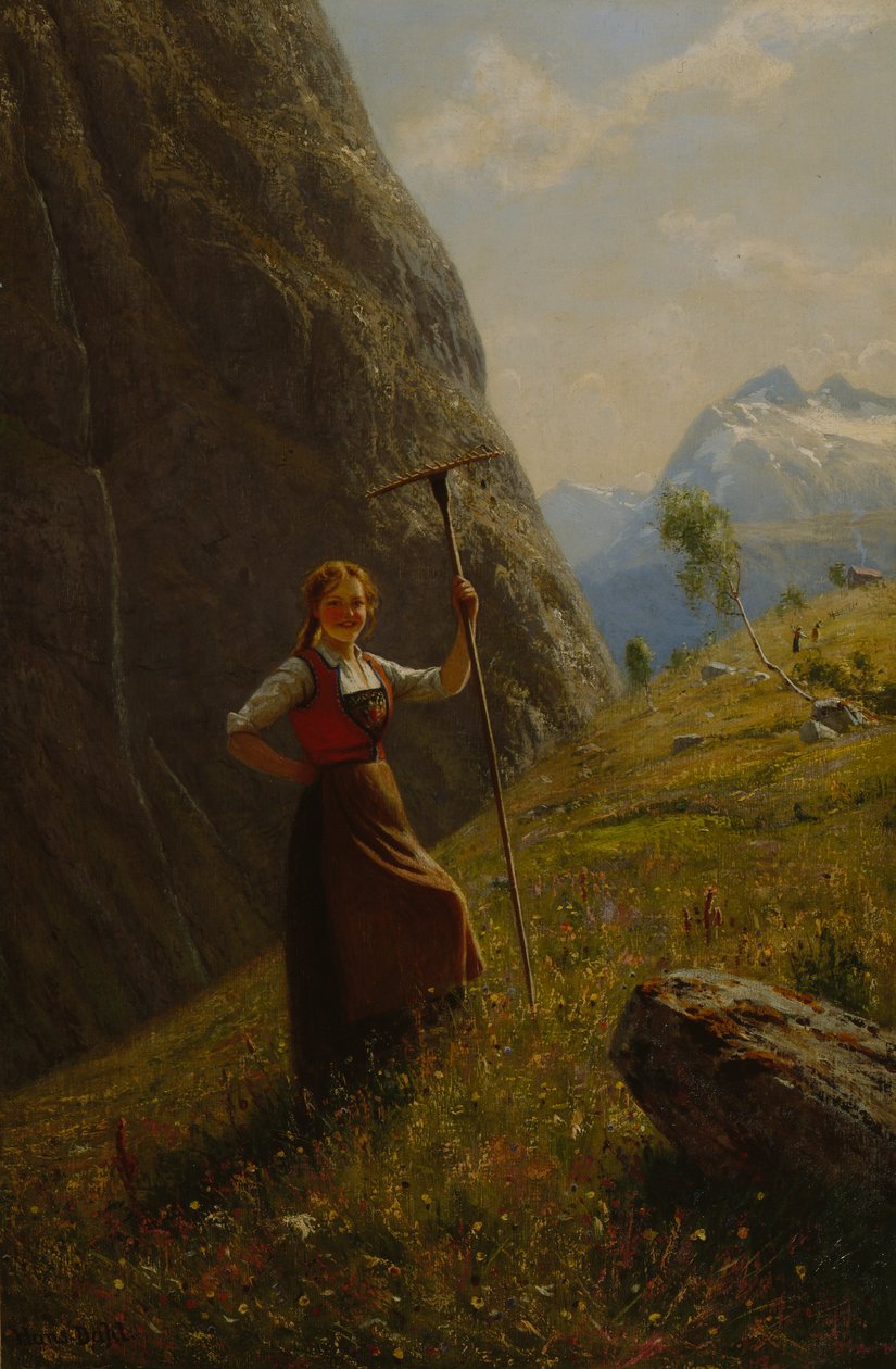 Dairymaid with Rake (öljy kankaalle) tekijältä Hans Andreas Dahl