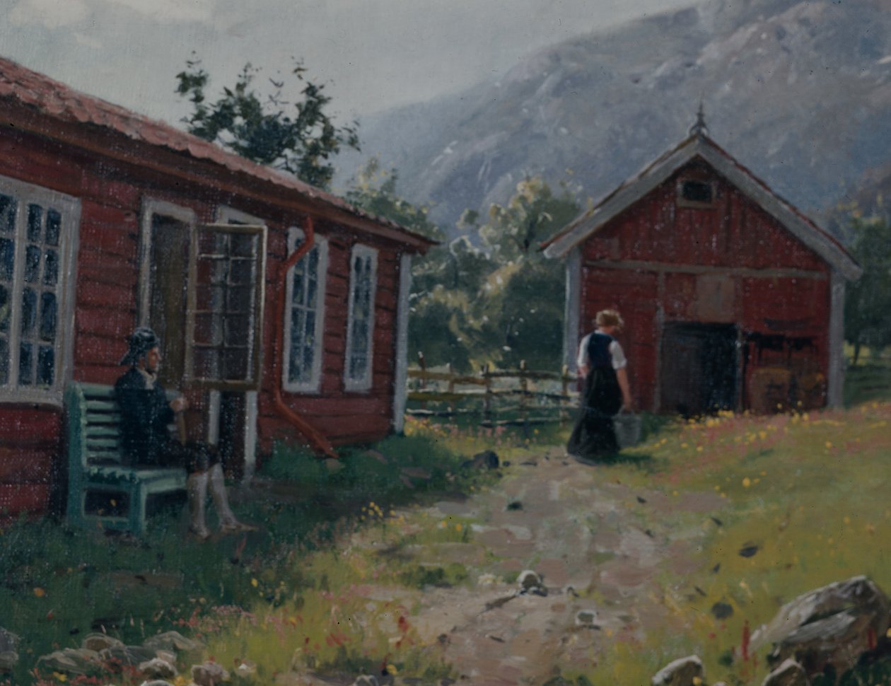 Farmyard, Länsi-Norja (öljy kankaalle) tekijältä Hans Andreas Dahl