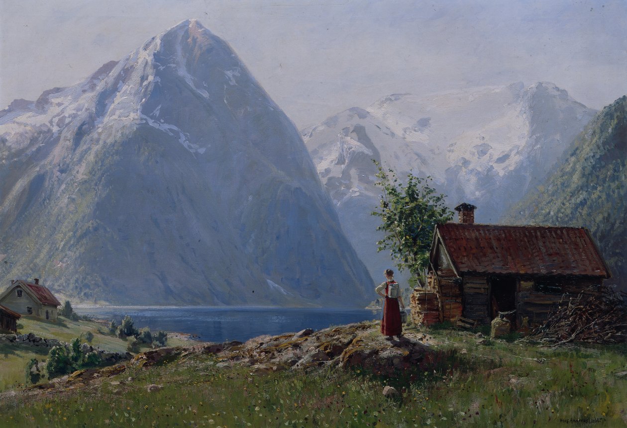 Tyttö vuonomaisemassa (öljy kankaalle) tekijältä Hans Andreas Dahl