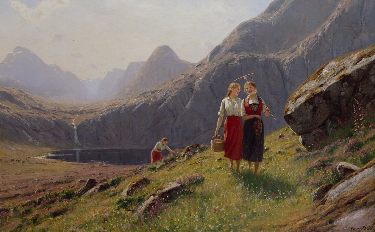 Kolme tyttöä vuoristojärven rannalla Länsi-Norjassa (öljy kankaalle) tekijältä Hans Andreas Dahl