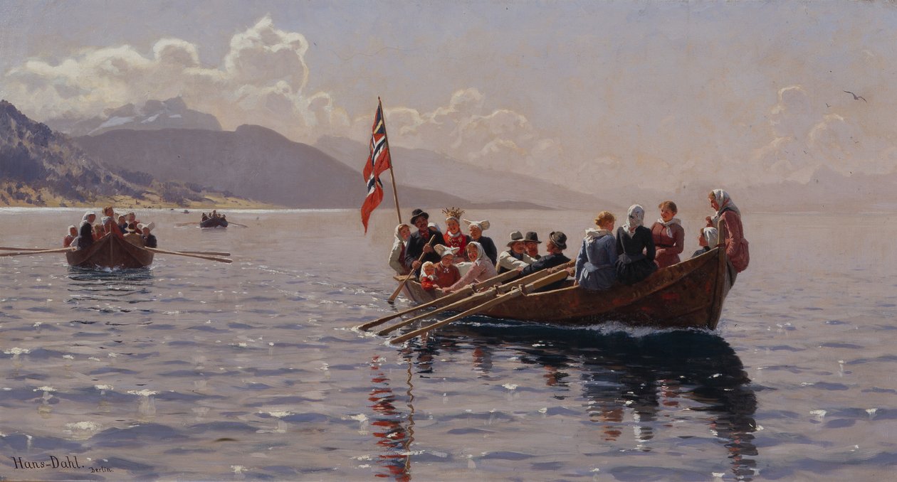 Hääkulkue Sognefjordissa (öljy kankaalle) tekijältä Hans Andreas Dahl