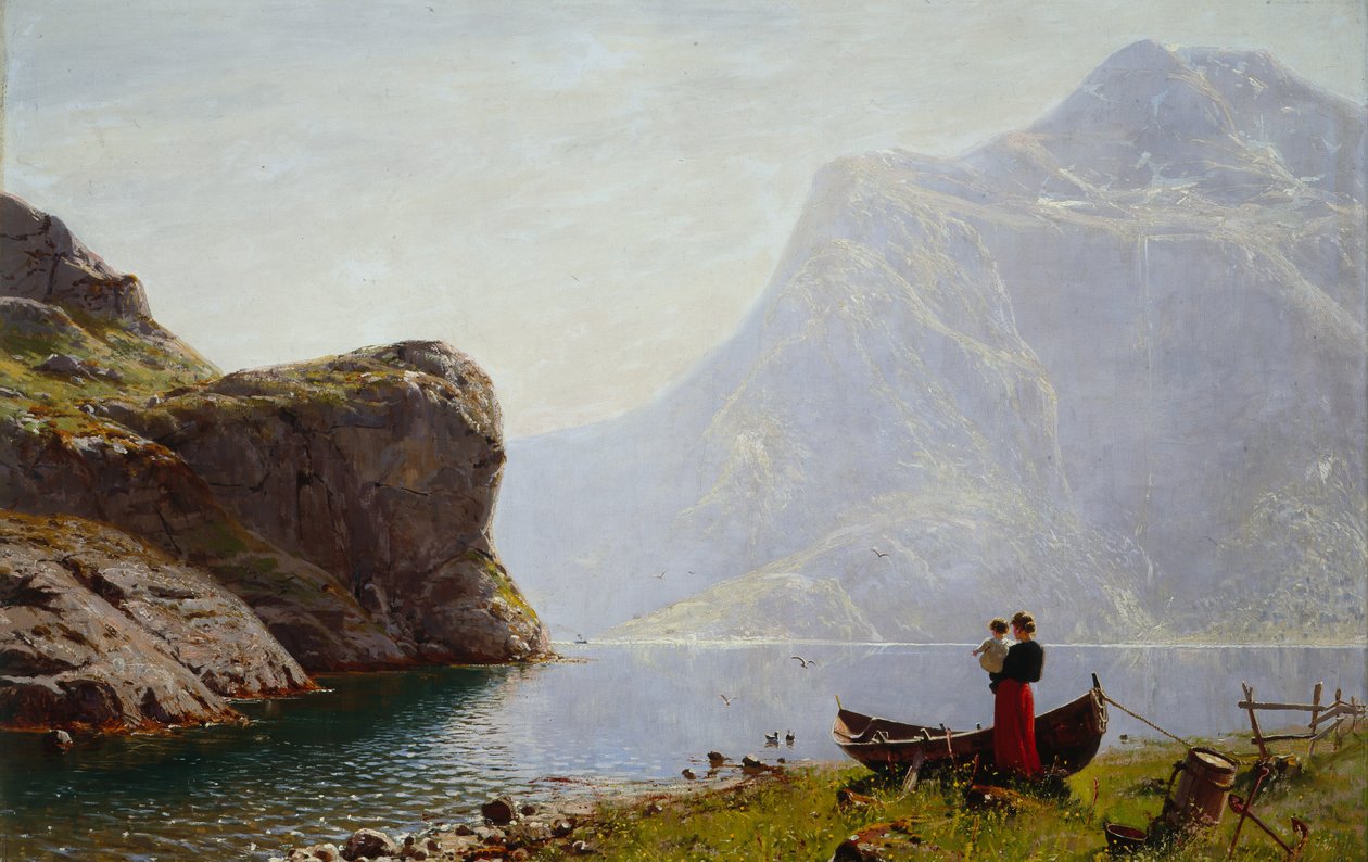 Nainen ja lapsi Fjord Bankin rannalla (öljy kankaalle) tekijältä Hans Andreas Dahl
