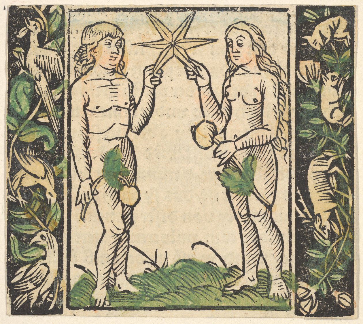 Adam ja Eeva pitelevät tähteä, kuvitus Decided Gart des Rosary Mariaesta. tekijältä Hans Baldung