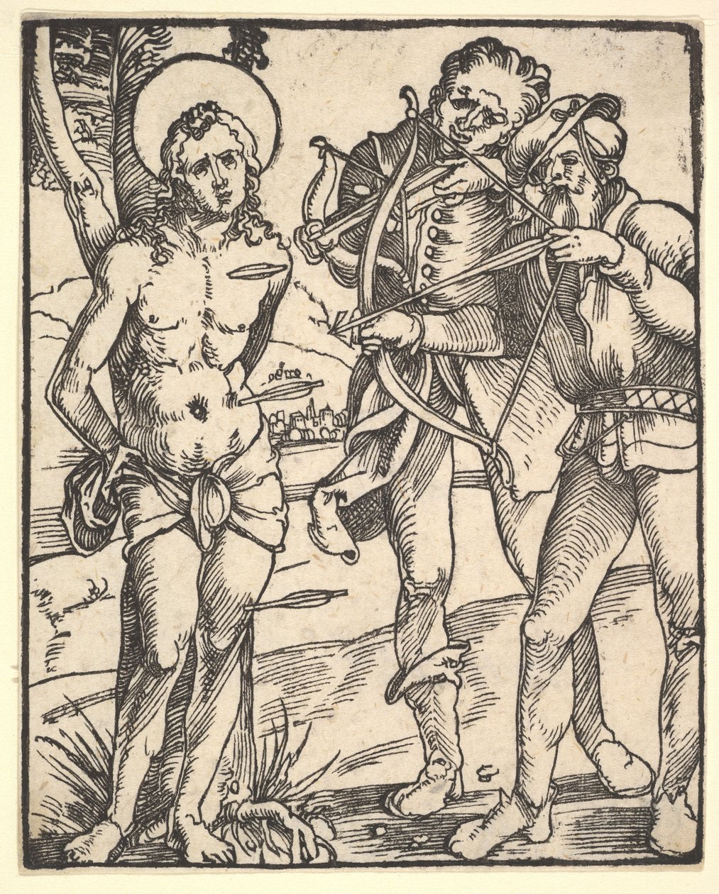 Pyhän Sebastianin marttyyrikuolema kahden varsijousimiehen kanssa. tekijältä Hans Baldung
