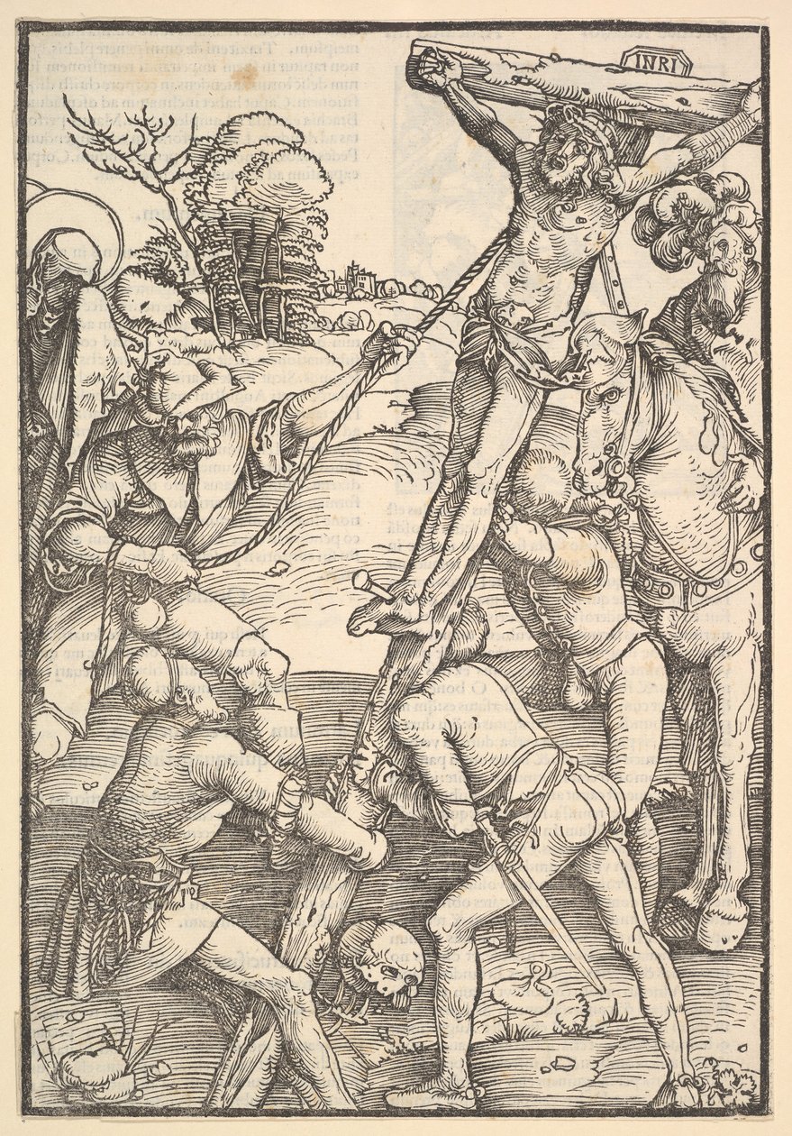 Ristin nostaminen, verso: Ristin nostaminen, teoksesta Speculum Passionis Domini ..., 1507. tekijältä Hans Baldung