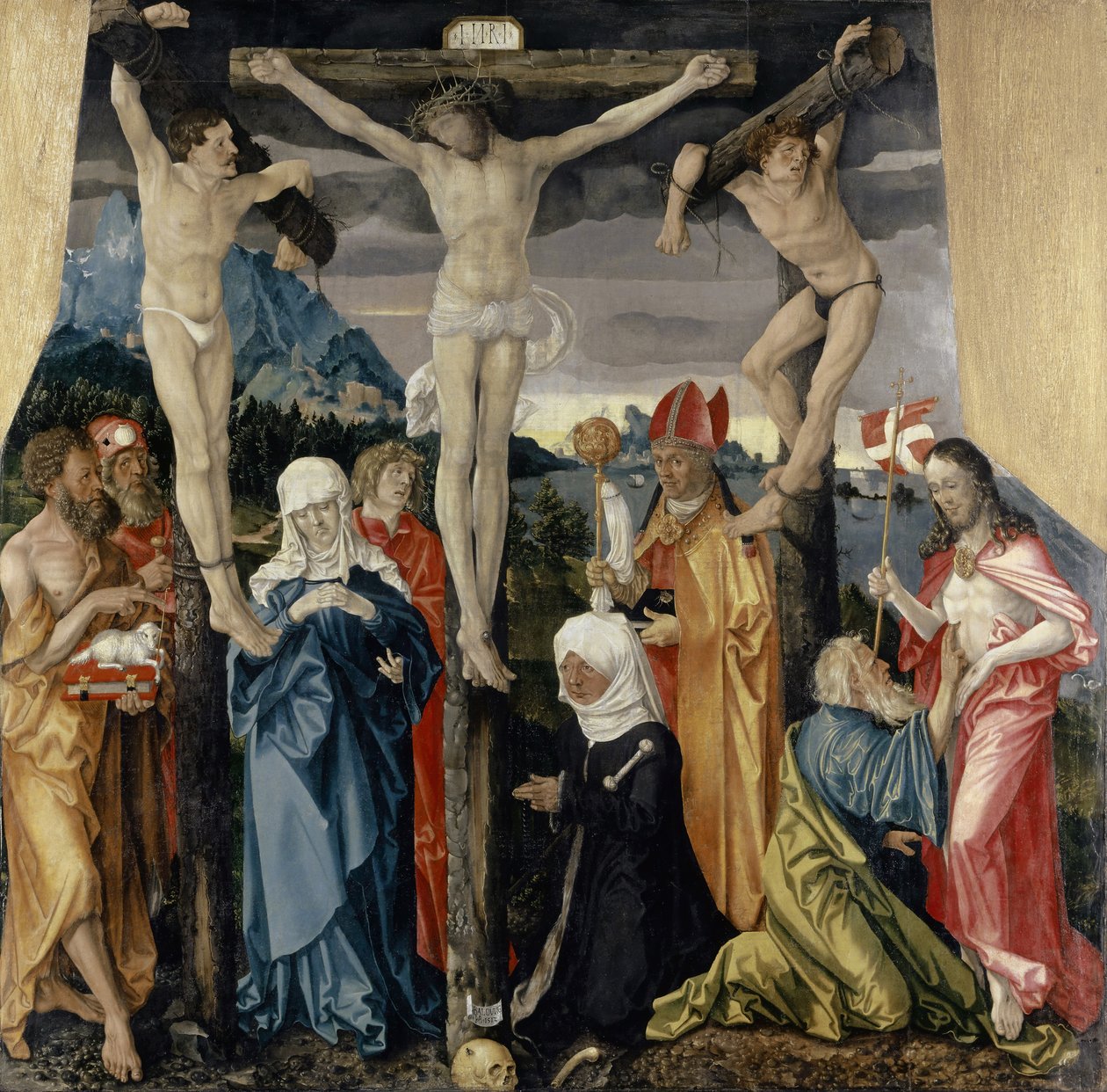 Kristus ristiinnaulittu varkaiden, pyhien ja naispuolisen lahjoittajan kanssa, 1512 tekijältä Hans Baldung Grien