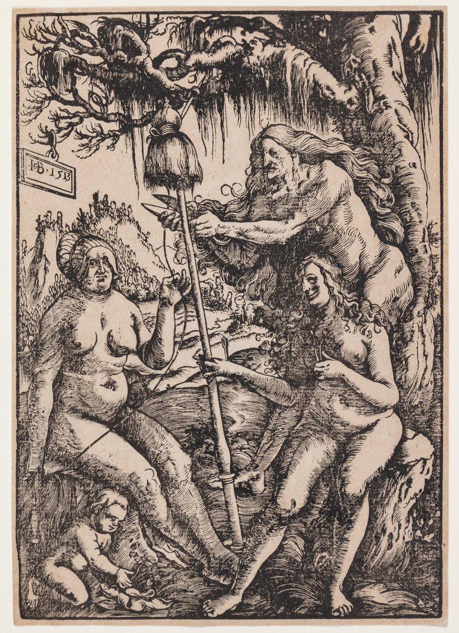 Kolme kohtalonjumalatarta Lachesis, Atropos ja Klotho tekijältä Hans Baldung Grien