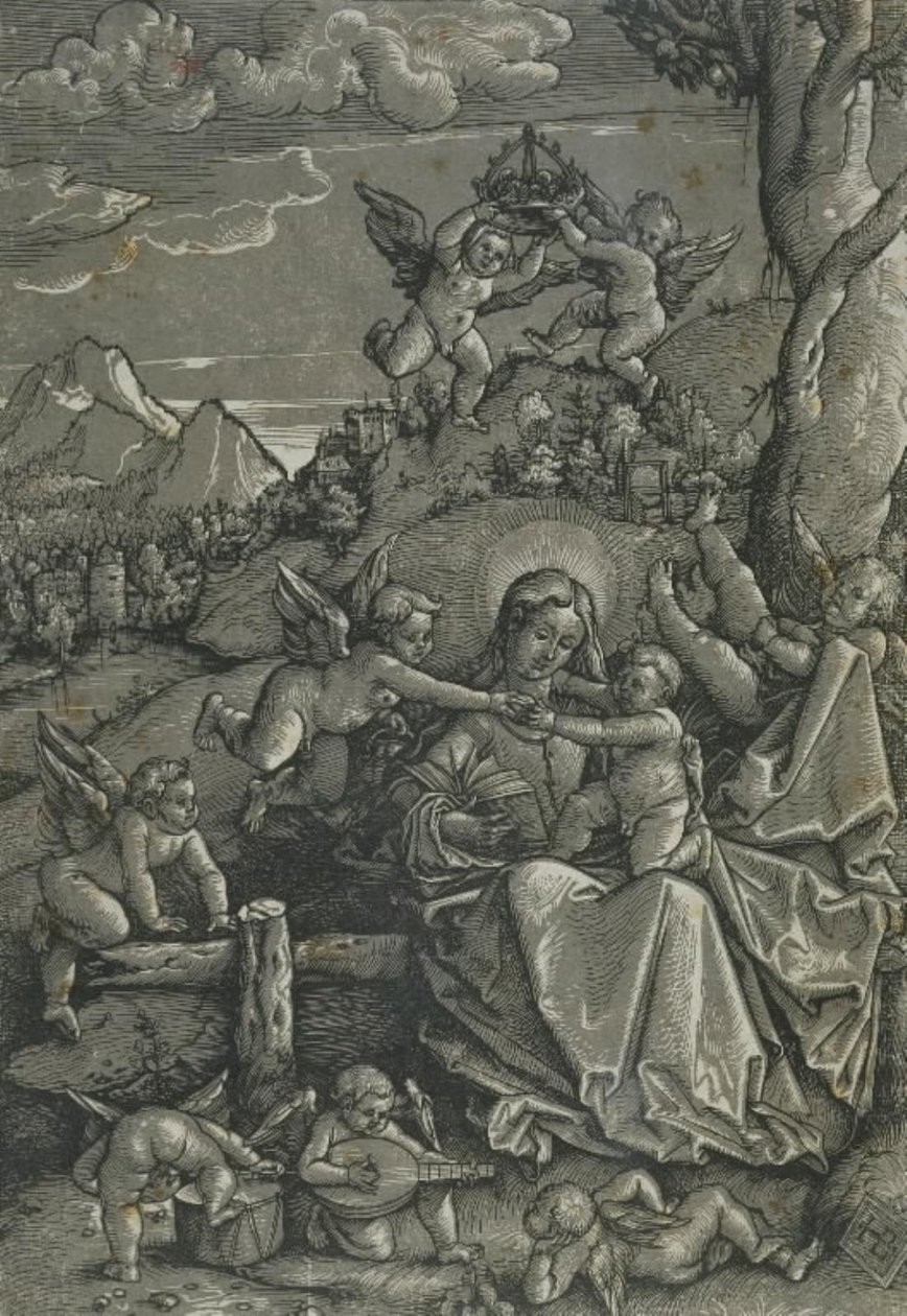 Madonna lapsen ja enkelien kanssa maisemassa tekijältä Hans Baldung Grien