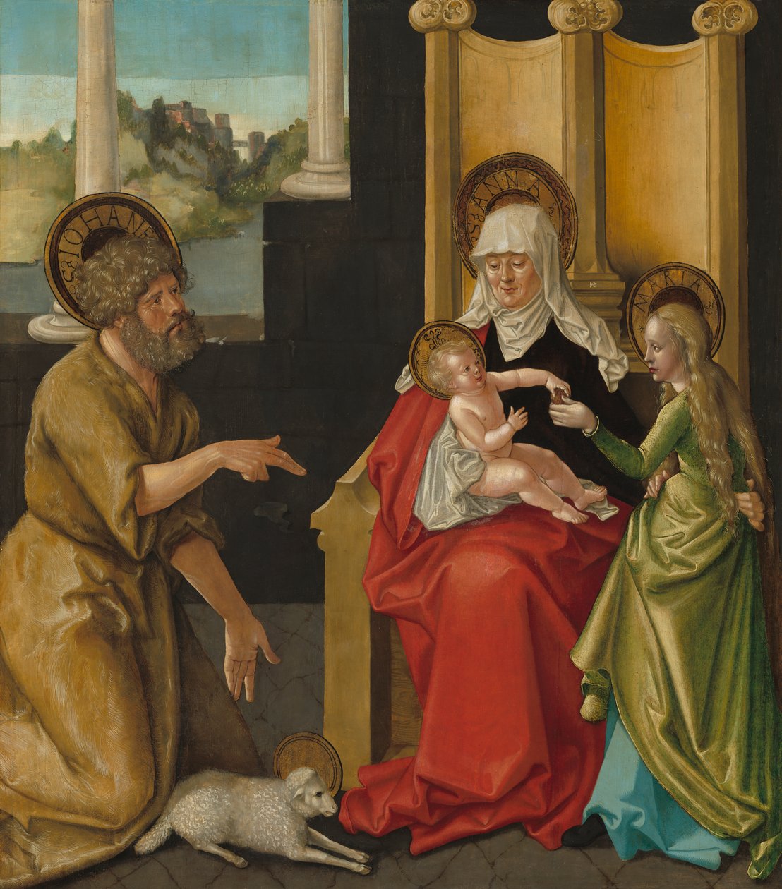Pyhä Anna ja Kristuslapsi, Neitsyt ja Johannes Kastaja, noin 1511 (öljy kovalevylle, siirretty taululta). tekijältä Hans Baldung Grien