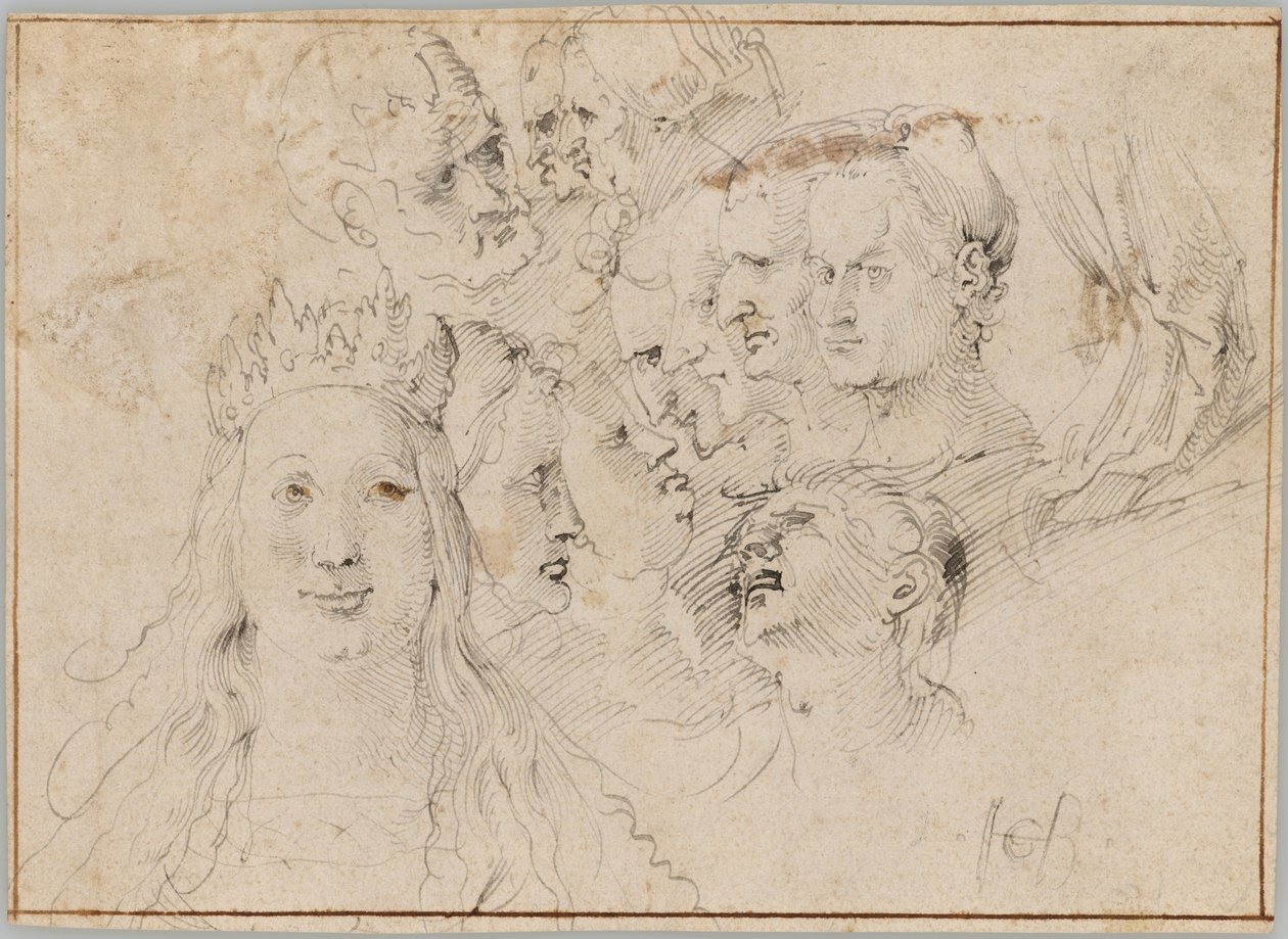 Päätutkielmia (etupuoli); mieshahmon tutkielmia (kääntöpuoli) tekijältä Hans Baldung Grien
