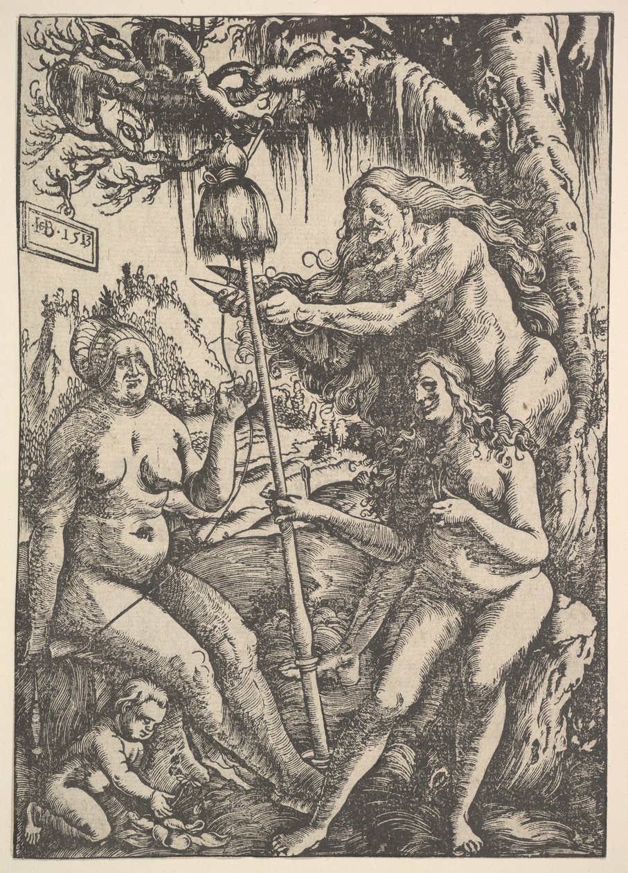 Kolme kohtaloa: Lachesis, Atropos ja Klotho, 1513 tekijältä Hans Baldung Grien