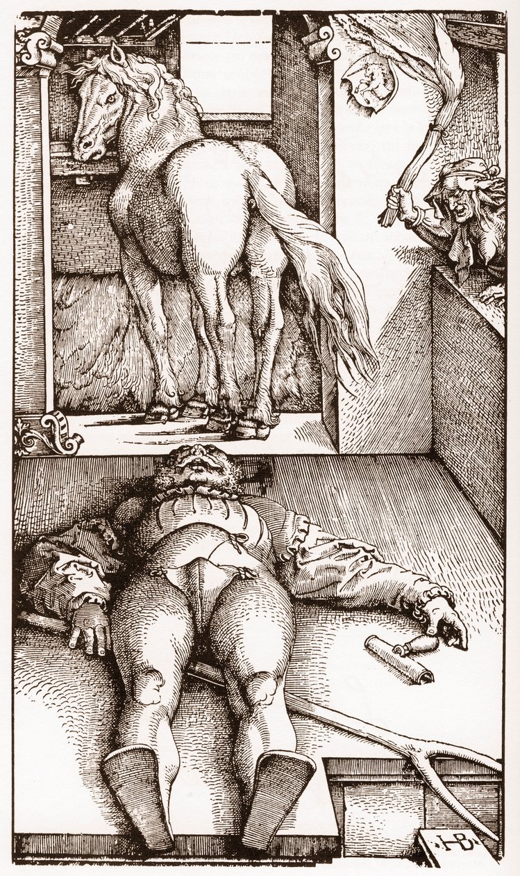 Lumottu palefrenier - (nukkuva sulhanen ja velho) puukaiverrus Hans Baldung Grienin (1485-1544) noin 1544 - tekijältä Hans Baldung Grien