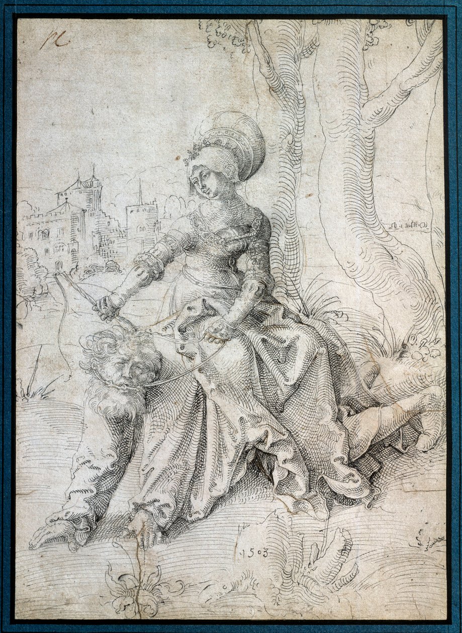 Nainen ratsastaa miehellä: Phyllis istuu nelijalkain kävelevän Aristoteleen selässä. Piirustus Grien Hans Baldung (1484-1545) Ec. Kaikki. tekijältä Hans Baldung Grien
