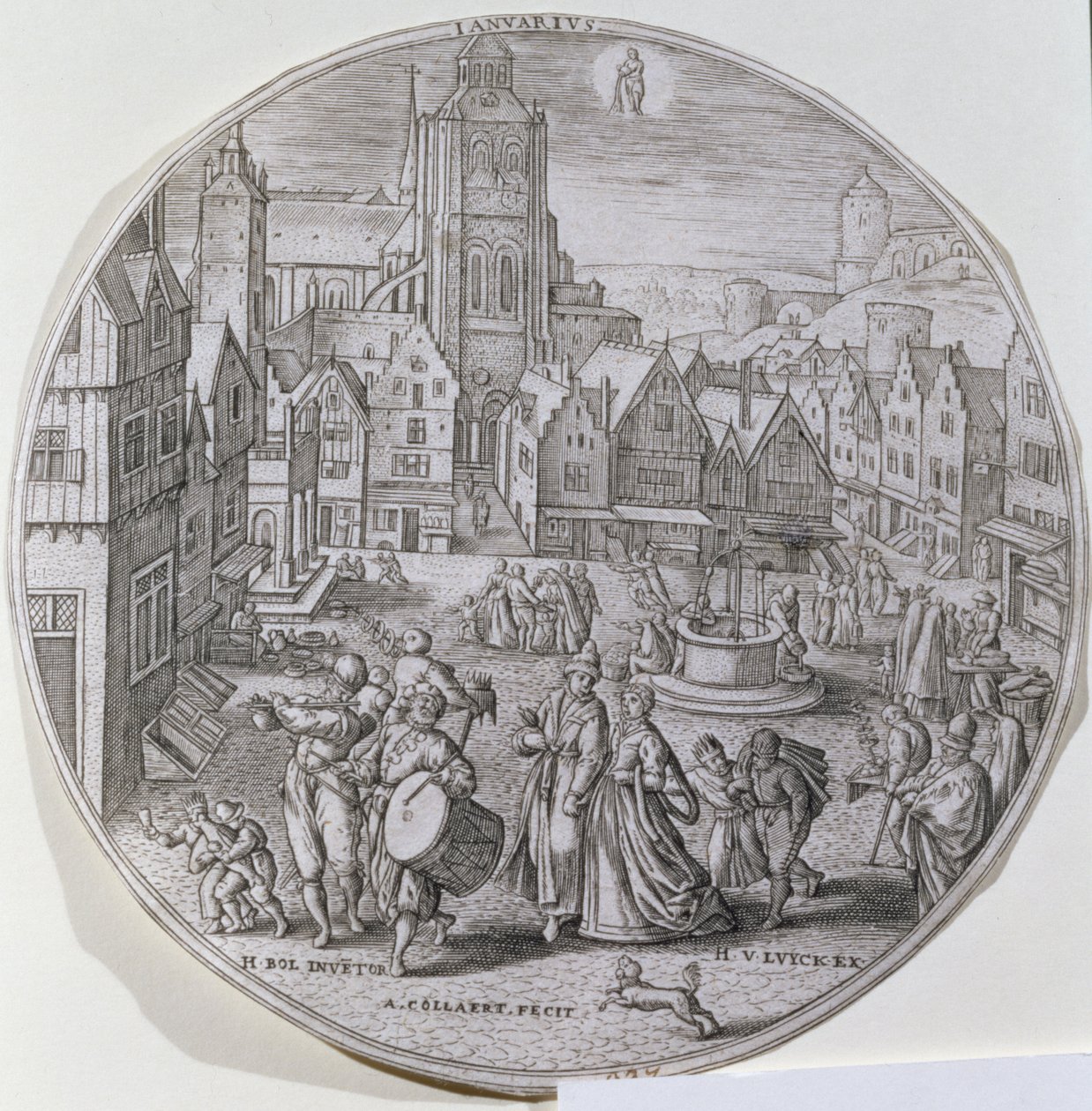 Tammikuu, jossa porvarit juhlivat kahdestoista yötä Bergenin torilla, Adriaen Collaertin (1560-1618) kaivertamasta kahdestatoista "Vuoden kuukauden" sarjasta tekijältä Hans Bol