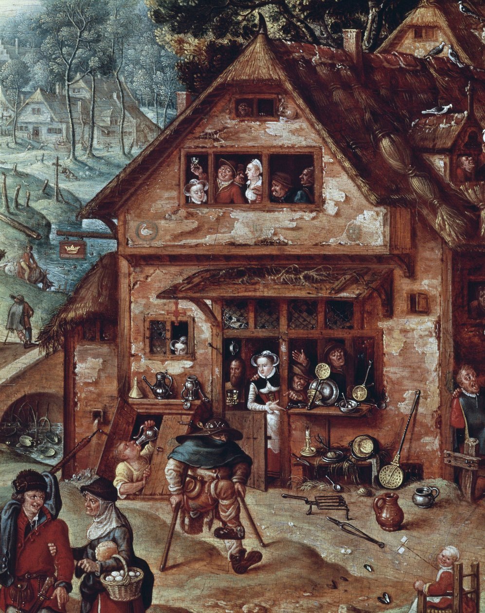 Taverna, kyläkohtauksen yksityiskohta, Hans Bolin maalaus (1534-1593) tekijältä Hans Bol