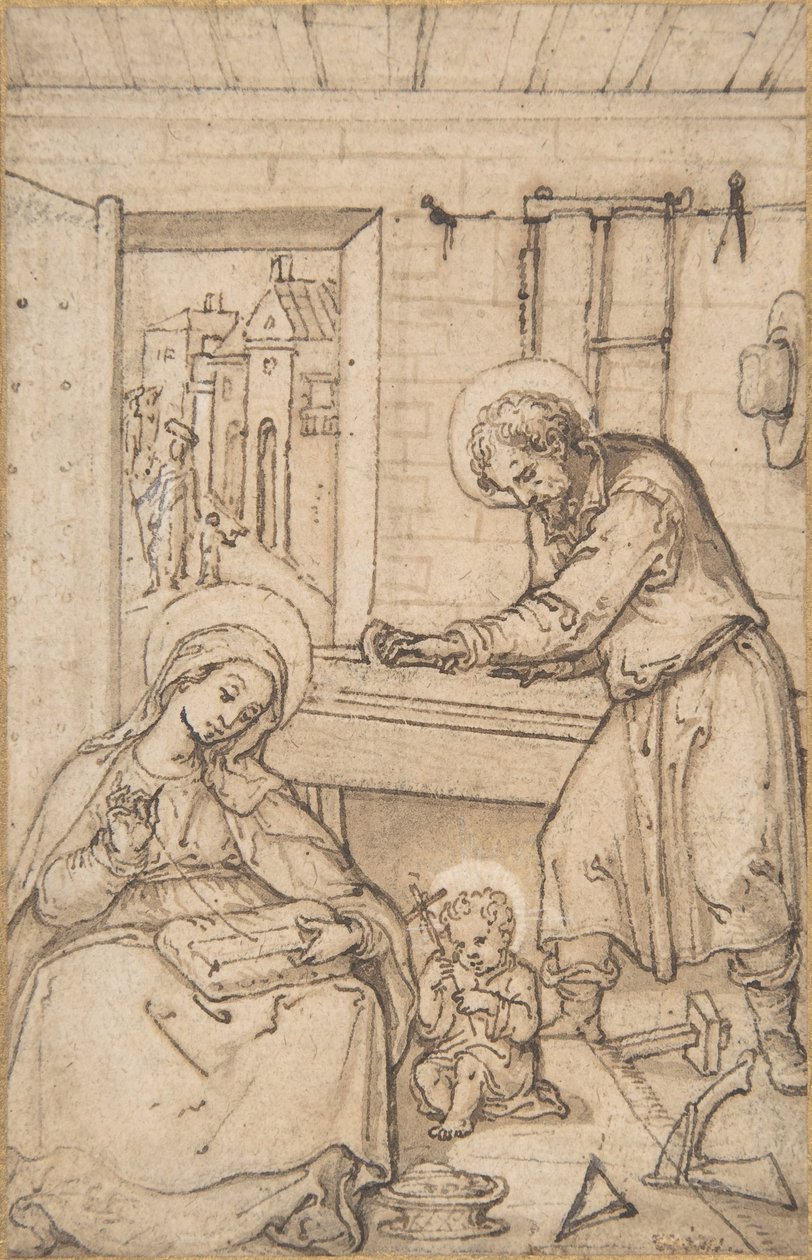 Kristuksen lapsuus, puusepän pajassa, 1534-93. tekijältä Hans Bol.