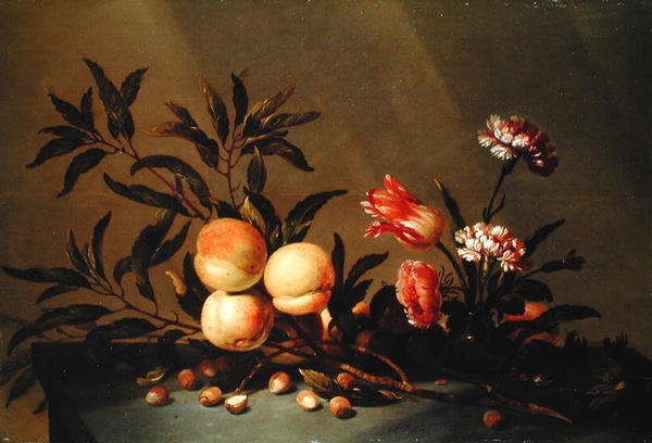 Persikoiden ja kukkien asetelma, 1641 tekijältä Hans Bollongier