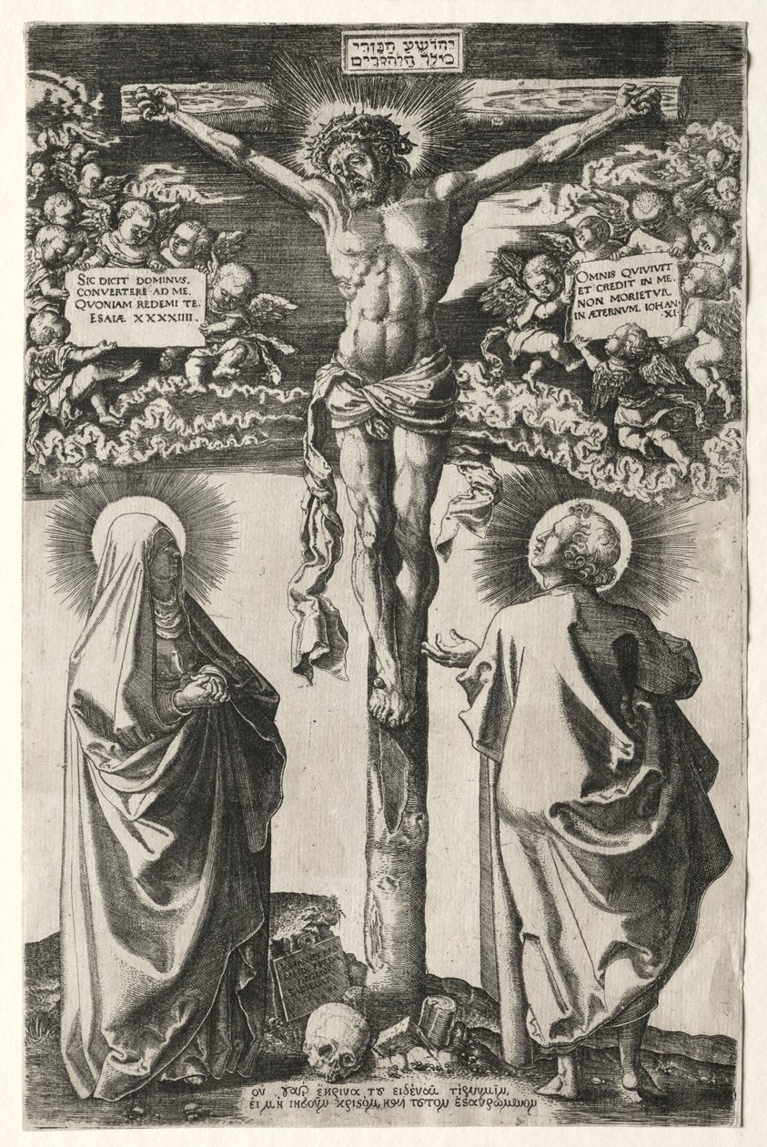 Kristus ristillä neitsyen ja Pyhän Johanneksen välillä, 1542. tekijältä Hans Brosamer