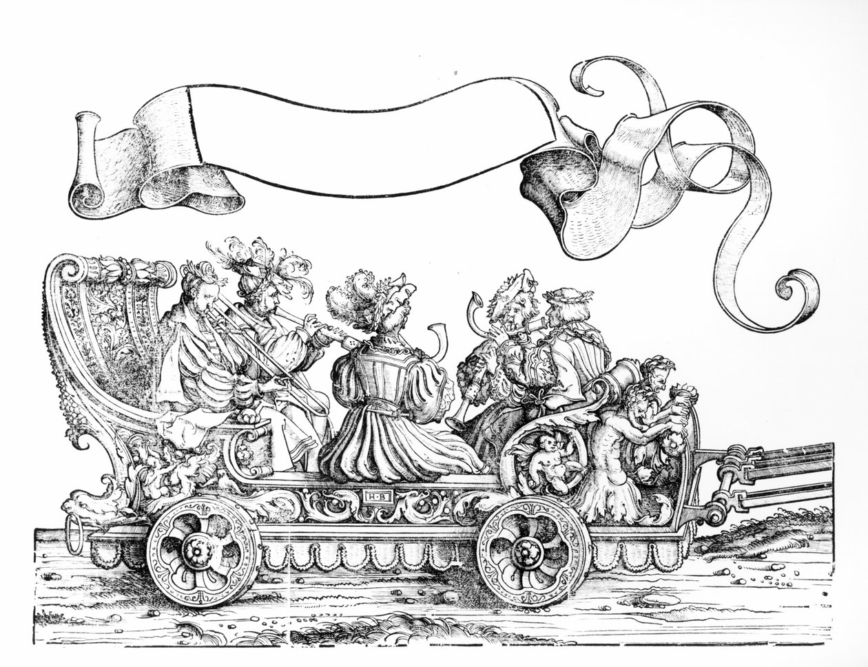 Kohtaus Maximilianin voittokulkueesta, n. 1516-1518 (puupiirros) (bw kuva) tekijältä Hans Burgkmair
